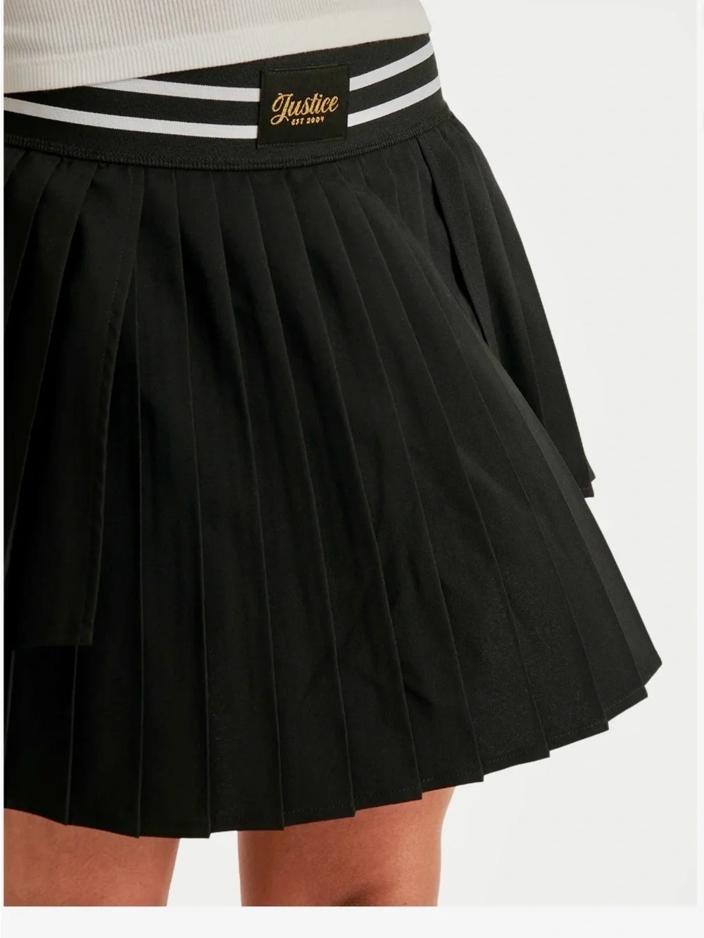 Justice Black Pleated Mini Skirt with Striped Waistband